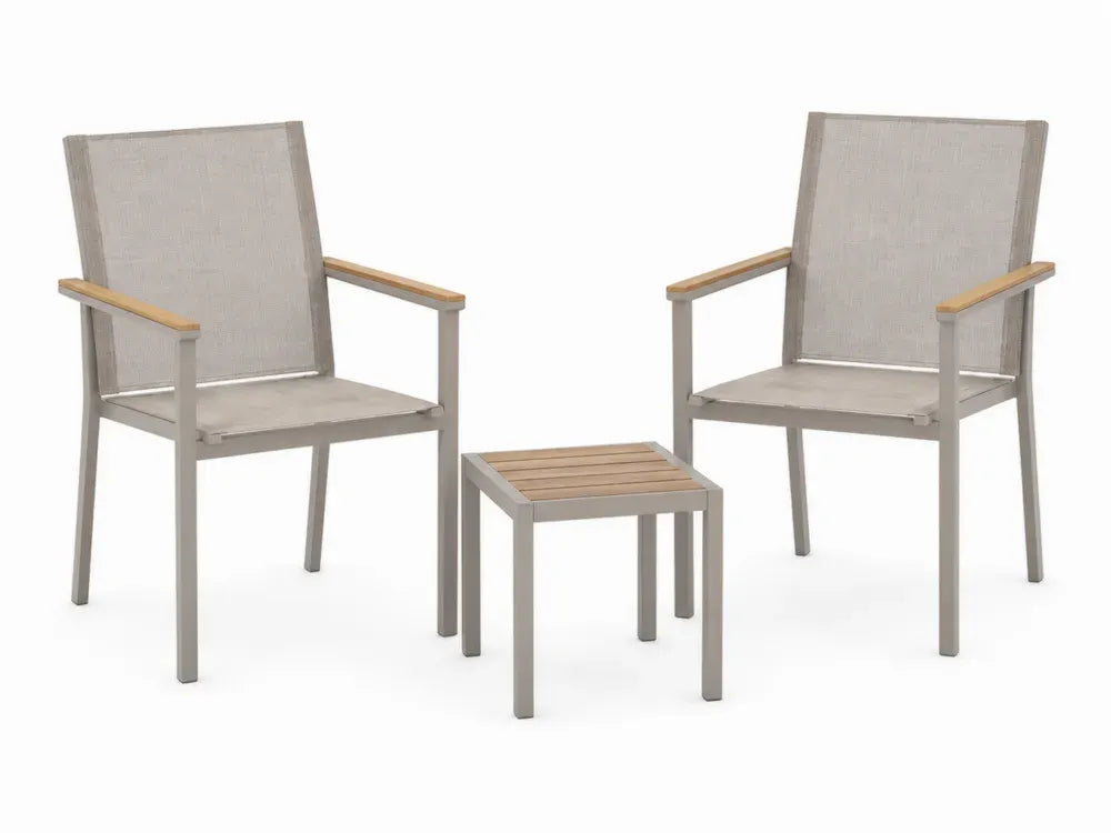 Gartenstuhl Set 3-teilig mit Beistelltisch Aluminium Taupe Beige Naturbraun mit Akazienholz und PVC-beschichtetem Polyester Stuhl je 58 x 64 x 90 cm Tisch 45 x 45 x 45 cm