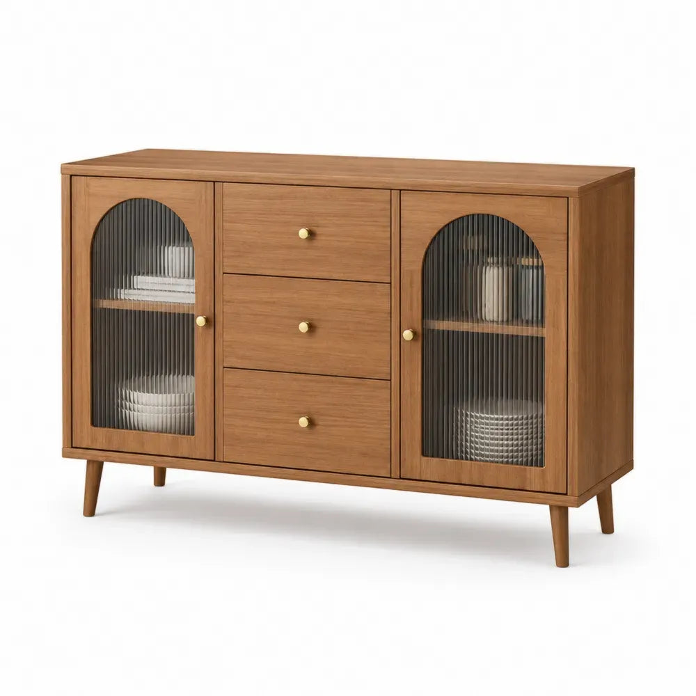 Sideboard Buffet Schrank mit 2 Riffelglastüren 3 Schubladen rechteckig melaminbeschichtete Spanplatte Eiche Natur Goldfarben 120 x 40 x 80 cm