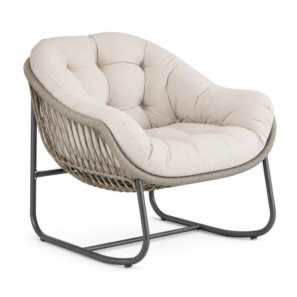 Gartensessel Lounge-Sessel rund mit Stahlrohrrahmen PE-Rattan Polyesterpolster Beige Taupe Dunkelgrau 83 x 80 x 85 cm