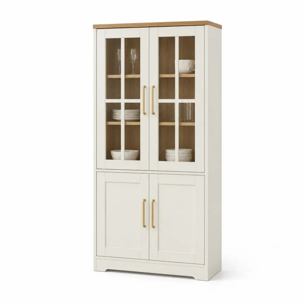 Vitrinenschrank Buffet mit 4 Drehtüren 80 x 40 x 180 cm melaminbeschichtete Spanplatte gehärtetes Glas rechteckig Creme Eiche Natur Gold Transparent