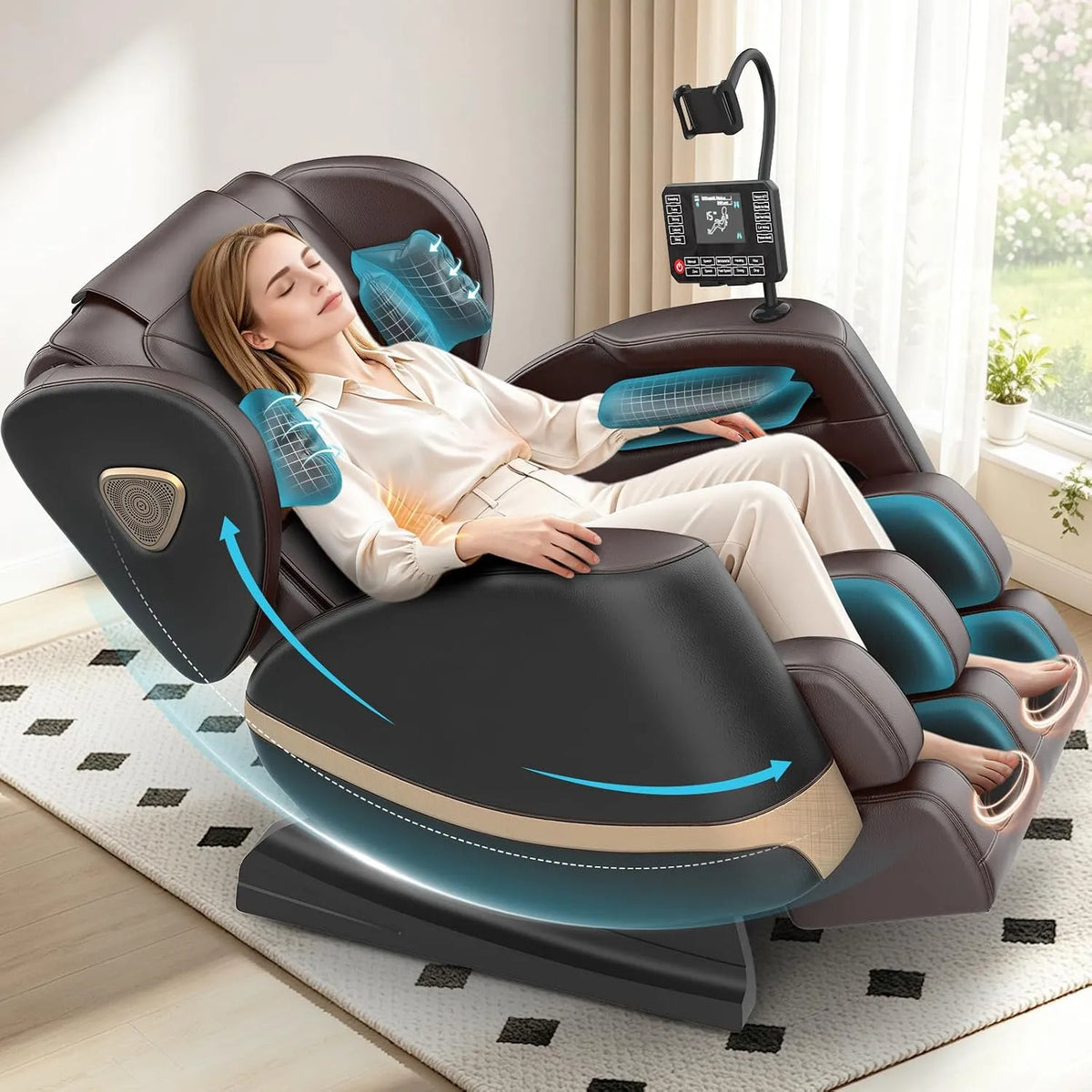 Braun Relax- und Massagesessel, Transportrollen, Touch-Bedienung, Bluetooth, Schwarz, Zero Gravity mit Bluetooth Lautsprecher und Touchscreen
