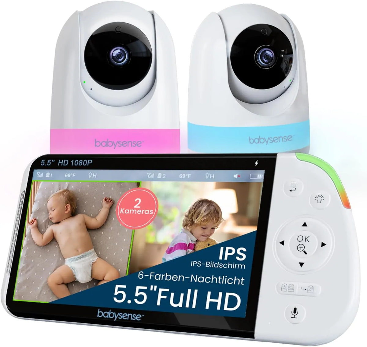 20-Stunden-Akku Split-Screen-Babyphone, Lichtmaschine, Babyüberwachungsgerät, WLAN, Full HD, kabellos