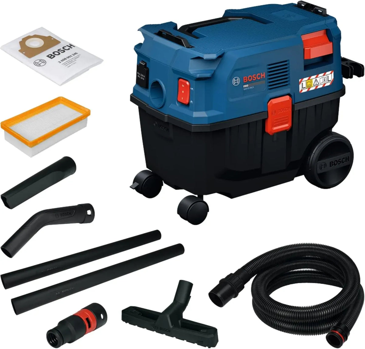 Bosch GAS12-25LS Kabel-Nass-/Trockensauger, Flachfaltenfilter, Universaladapter, 3,1 m, Kunststoff