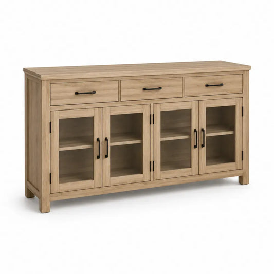 Sideboard Buffet mit 3 Schubladen 4 Glastüren melaminbeschichteter Spanplatte gehärtetem Glas Eiche hell Schwarz Transparent 160 x 42 x 85 cm