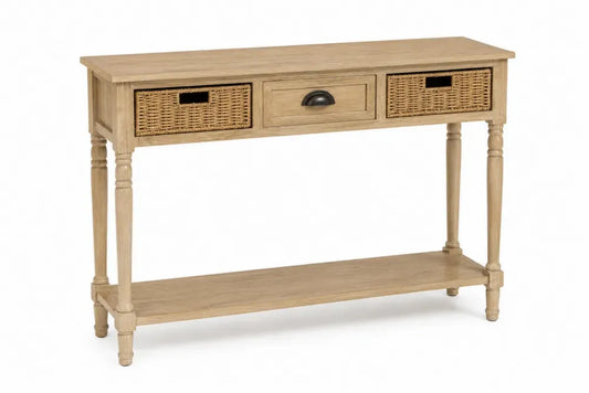 Konsolentisch mit 3 Schubladen und unterer Ablage 120 x 35 x 80 cm Kautschukholz MDF Rattan rechteckig Naturholz Naturbeige Schwarz