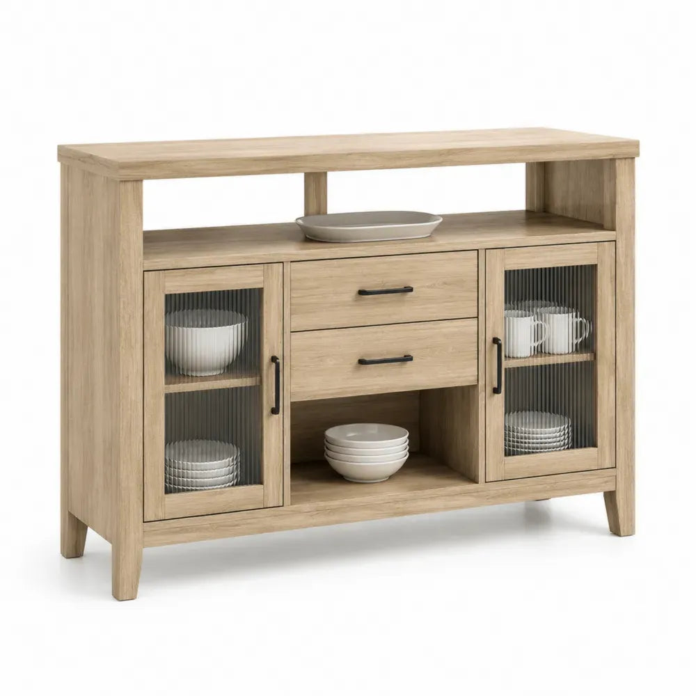 Sideboard Buffet mit 2 Riffelglastüren 2 Schubladen rechteckig Spanplatte Riffelglas Naturbraun Schwarz 140 x 40 x 92 cm