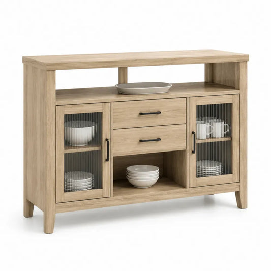 Sideboard Buffet mit 2 Riffelglastüren 2 Schubladen rechteckig Spanplatte Riffelglas Naturbraun Schwarz 140 x 40 x 92 cm