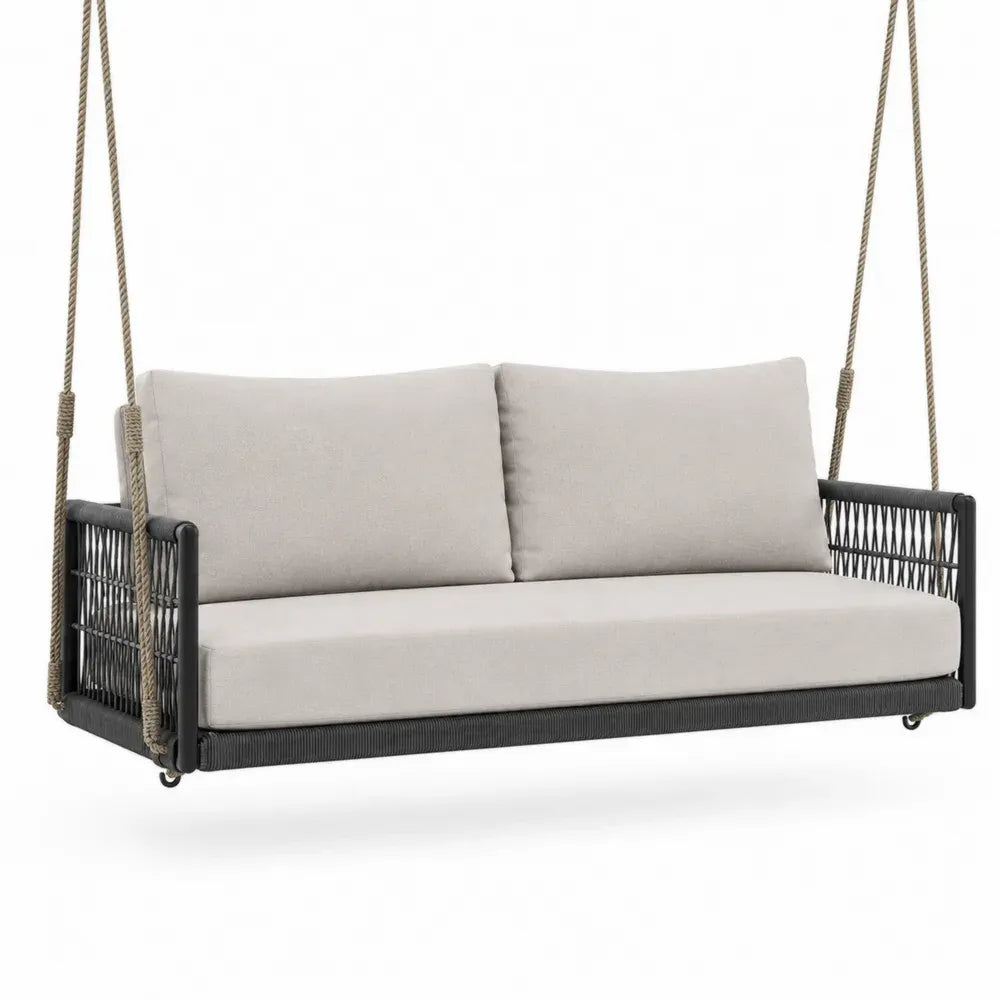 Hängesofa Gartenschaukel 2 Sitzer 150 x 70 x 55 cm Stahl PE Geflecht Polyester Dunkelgrau Hellbeige Beige