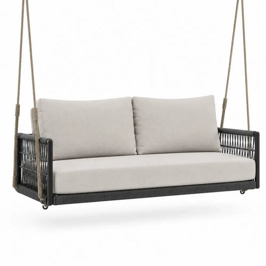 Hängesofa Gartenschaukel 2 Sitzer 150 x 70 x 55 cm Stahl PE Geflecht Polyester Dunkelgrau Hellbeige Beige