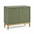 Sideboard Buffet Schrank mit 2 Türen geriffelten Fronten lackierte MDF Kautschukholz Salbeigrün Naturholz Messingfarben 100 x 40 x 80 cm