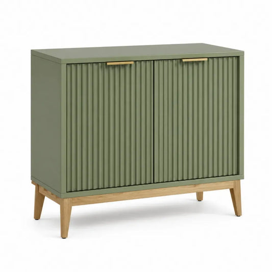 Sideboard Buffet Schrank mit 2 Türen geriffelten Fronten lackierte MDF Kautschukholz Salbeigrün Naturholz Messingfarben 100 x 40 x 80 cm