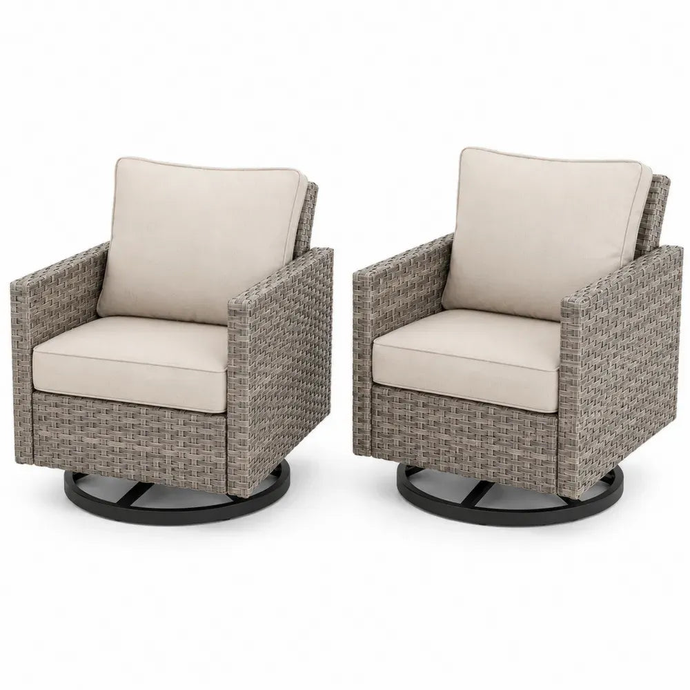 Gartensessel 2er Set drehbar rechteckig PE-Rattan Taupe Grau Beige mit Stahlrahmen und Polyesterpolstern je 74 x 78 x 86 cm