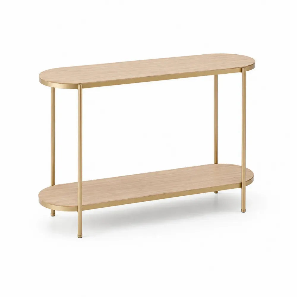 Konsolentisch mit unterer Ablage 120 x 35 x 80 cm MDF-Platte Stahl länglich oval Eiche Natur Goldfarben