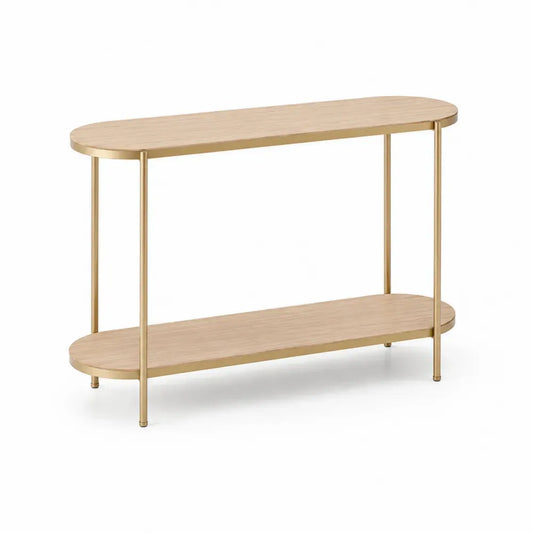 Konsolentisch mit unterer Ablage 120 x 35 x 80 cm MDF-Platte Stahl länglich oval Eiche Natur Goldfarben