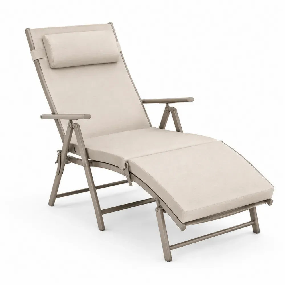 Gartenliege verstellbar klappbar mit pulverbeschichtetem Aluminiumrahmen Polyesterauflage Kopfkissen Beige Taupe 165 x 65 x 105 cm