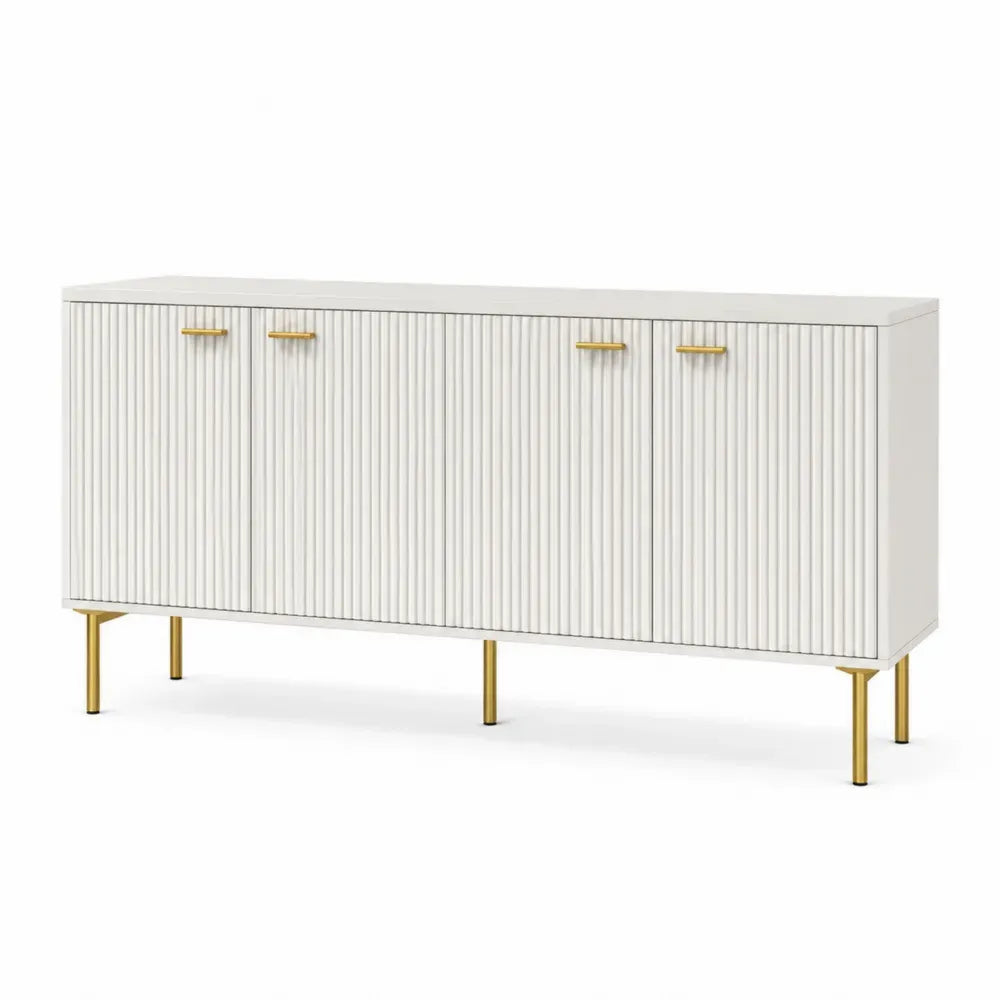 Sideboard Buffet Schrank rechteckig mit 4 Türen Rillenfront MDF Stahl Weiß Goldfarben 160 x 40 x 80 cm