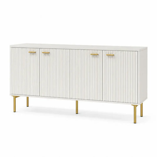 Sideboard Buffet Schrank rechteckig mit 4 Türen Rillenfront MDF Stahl Weiß Goldfarben 160 x 40 x 80 cm
