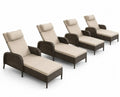 Gartenliegen 4er Set verstellbar mit Armlehnen PE-Rattan Dunkelbraun Beige Stahlrahmen und Polyesterauflagen je 198 x 73 x 103 cm