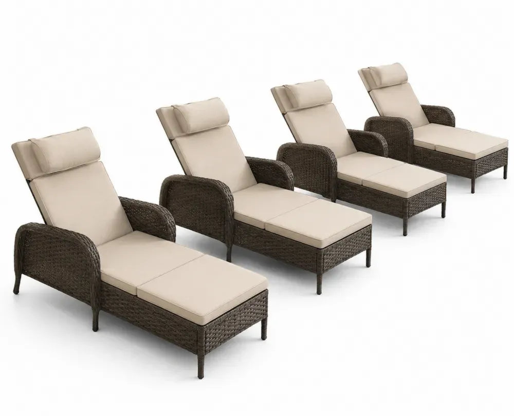 Gartenliegen 4er Set verstellbar mit Armlehnen PE-Rattan Dunkelbraun Beige Stahlrahmen und Polyesterauflagen je 198 x 73 x 103 cm