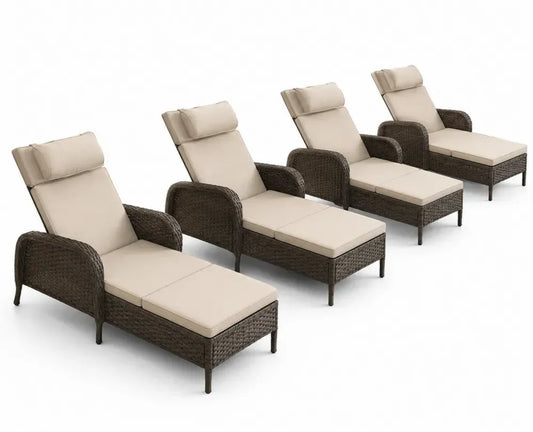 Gartenliegen 4er Set verstellbar mit Armlehnen PE-Rattan Dunkelbraun Beige Stahlrahmen und Polyesterauflagen je 198 x 73 x 103 cm