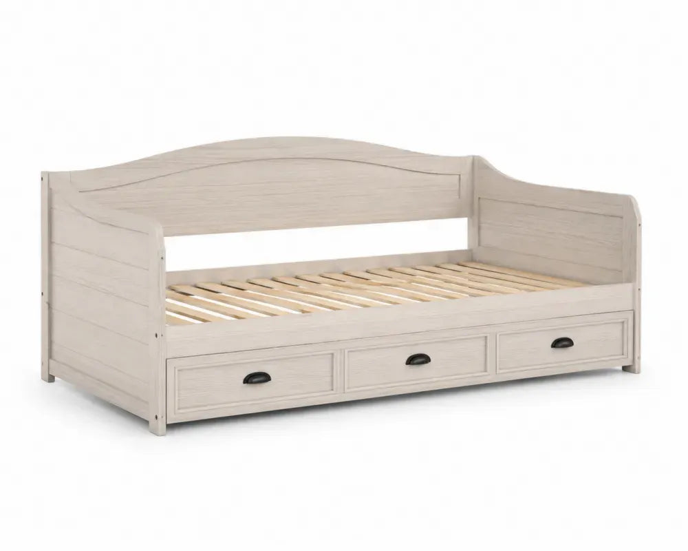 Tagesbett Einzelbett mit 3 Schubladen Lattenrost melaminbeschichteter Spanplatte weiß gekalkt Natur Schwarz 90 x 200 cm 210 x 98 x 86 cm