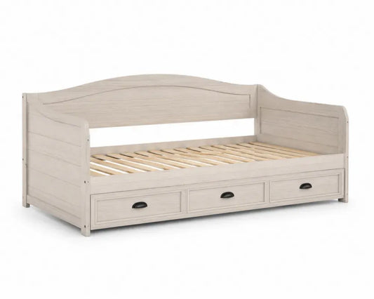 Tagesbett Einzelbett mit 3 Schubladen Lattenrost melaminbeschichteter Spanplatte weiß gekalkt Natur Schwarz 90 x 200 cm 210 x 98 x 86 cm