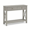Konsolentisch rechteckig mit 2 Schubladen und Ablage 110 x 35 x 80 cm MDF Kautschukholz Grau Antikmessing