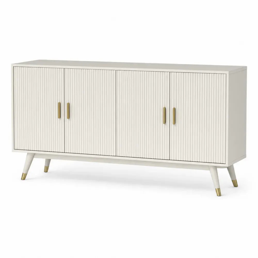 Sideboard Buffet Schrank rechteckig mit 4 Türen Rillenfront MDF Kautschukholz Creme Goldfarben 160 x 40 x 76 cm