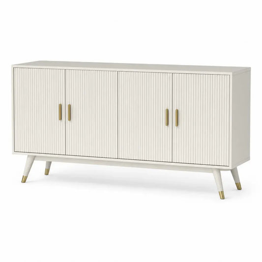 Sideboard Buffet Schrank rechteckig mit 4 Türen Rillenfront MDF Kautschukholz Creme Goldfarben 160 x 40 x 76 cm
