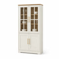 Vitrinenschrank Buffet mit 4 Drehtüren 80 x 40 x 180 cm melaminbeschichtete Spanplatte gehärtetes Glas rechteckig Creme Eiche Natur Gold Transparent