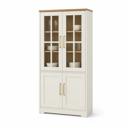 Vitrinenschrank Buffet mit 4 Drehtüren 80 x 40 x 180 cm melaminbeschichtete Spanplatte gehärtetes Glas rechteckig Creme Eiche Natur Gold Transparent