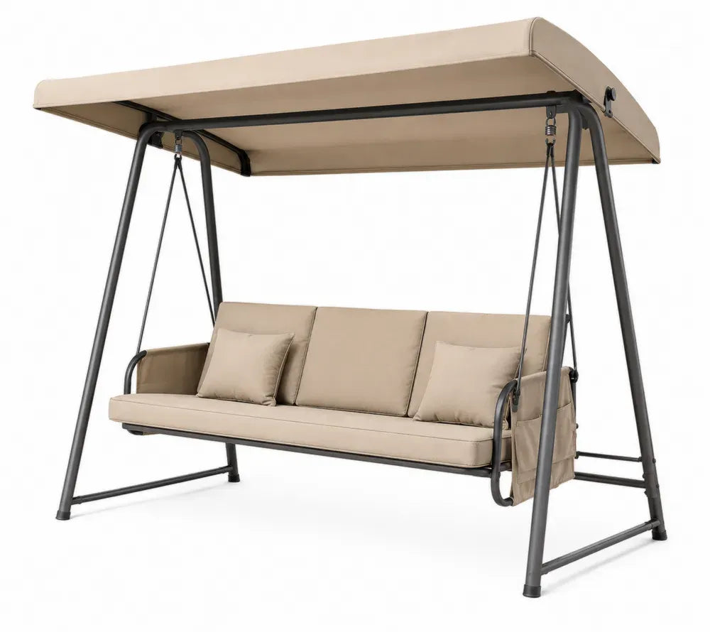 Hollywoodschaukel 3 Sitzer mit Sonnendach Stahlrahmen Polyestergewebe Taupe Beige Dunkelgrau 220 x 125 x 172 cm