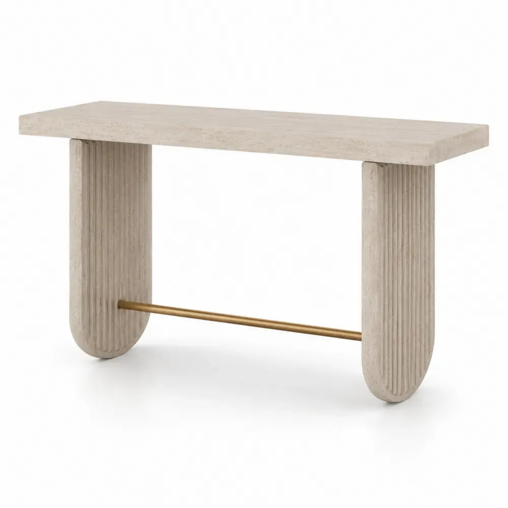 Konsolentisch rechteckig 120 x 35 x 80 cm MDF Travertinoptik Stahl Beige Goldfarben