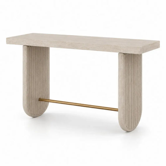 Konsolentisch rechteckig 120 x 35 x 80 cm MDF Travertinoptik Stahl Beige Goldfarben