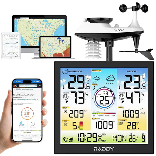 WF-120C 7-in-1 Außenthermometer, Wetterstation, Außensensor, Regenmesser, Windmesser, Funkwetterstation, 10 Zoll, WLAN, Raddy
